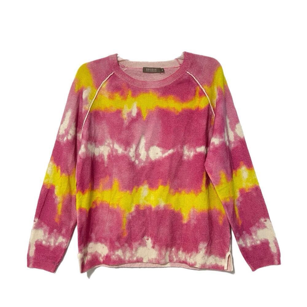 BRODIE 100% Mongolian Cashmere Pullover Sweater M Designer Pink Neon Stripes